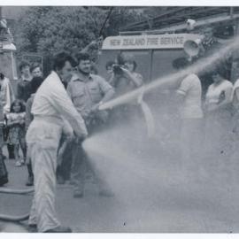Silverstream Volunteer Fire Brigade, 1980; 50th anniversary celebration; display; hand-pumped or steam-pumped water