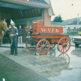 Silverstream Volunteer Fire Brigade, 1980; 50th anniversary celebration; display; hand-pumped horse-drawn engine