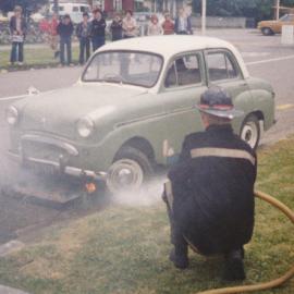 Silverstream Volunteer Fire Brigade, 1980; 50th anniversary celebration; display; car fire