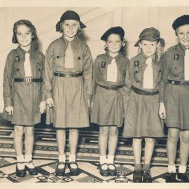 Members of the 1st Upper Hutt Brownie Pack at the Wellington Town Hall; ca 1950s