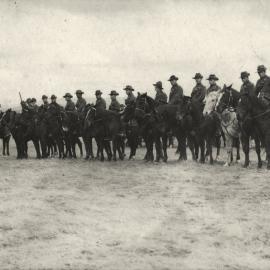 Mounted rifles, Trentham. Line of mounted horses.