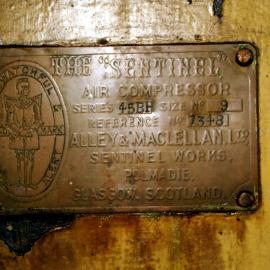 South Pacific Tyres; boilerhouse demolition 3; Alley McLennan compressor nameplate