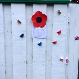Poppies and Stand at Dawn notice, Silverstream, Anzac Day 2020