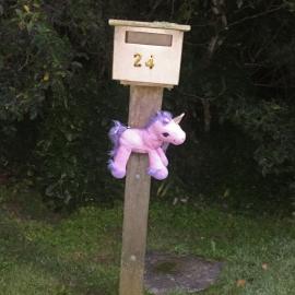 Unicorn on mailbox display, Pinehaven