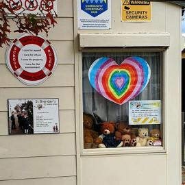 Teddy bear window display, St Brendan's School