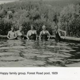 Forest Road pool, Pinehaven; happy family group.