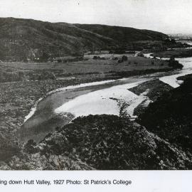 Hutt Valley, looking south-west from hills above Trentham; St. Patrick's College at left, Silverstream bridge in the distance.  