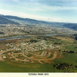 Aerial view, Totara Park, 1973, looking south-west; development progressing