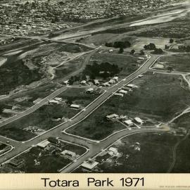Aerial view, Totara Park, 1971, looking south-west; development progressing; houses in southwest corner.