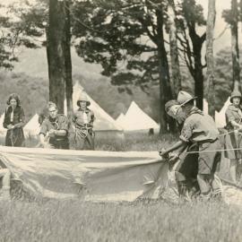 Pitching tents at the Girl Guide Dominion Camp; Trentham, Upper Hutt; 1930