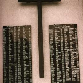 St Joseph's Catholic Church of 1965; lawn cemetery memorial plaques.