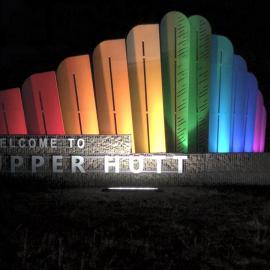 "Welcome to Upper Hutt" sign during Pride Month; March 2021