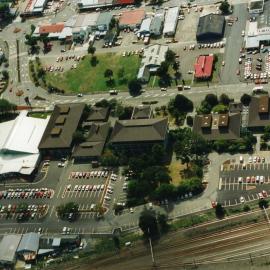 Aerial view 1997; leisure centre, civic hall, City Council buildings and library, looking north.