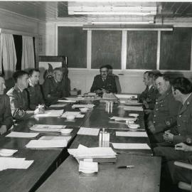 Trentham Camp; group photo, military personnel meeting; artillery lieutenant and NCOs. [P3-478-1972]