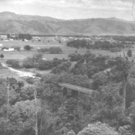 Moonshine bridge 1 and Trentham, looking southwest from the hills above.