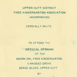 Invitation for opening of Brown Owl Free Kindergarten; October 1976