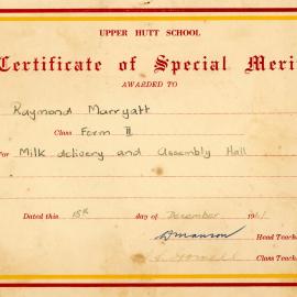 Upper Hutt School Certificate of Merit; 1961