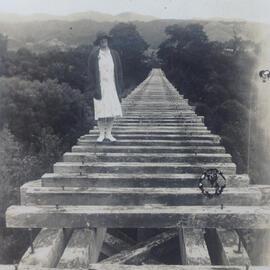 Myrtle Benge on Maymorn Railway Bridge; ca. 1920s