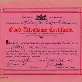 Upper Hutt School; Albert Martin Good Attendance Certificate; 1926 