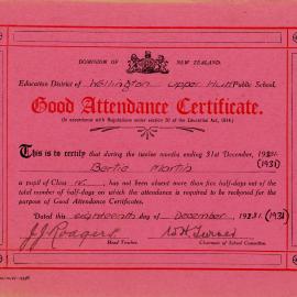Upper Hutt School; Albert Martin Good Attendance Certificate; 1931