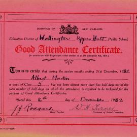 Upper Hutt School; Albert Martin Good Attendance Certificate; 1932 