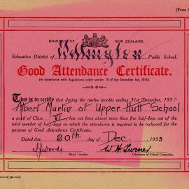 Upper Hutt School; Albert Martin Good Attendance Certificate; 1933