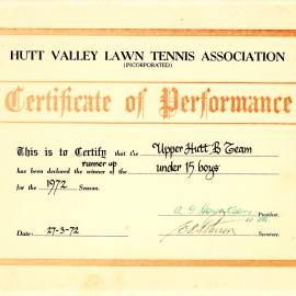 Upper Hutt Tennis Club; Certificate of Performance; March 1972