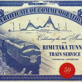 Certificate of Commemoration 50th Anniversary Rimutaka Tunnel Train Service