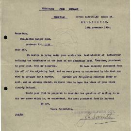 Letter to Wellington Racing Club from Brentwood Farm Company; 1916