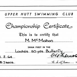 Upper Hutt Swimming Club certificate, 1964