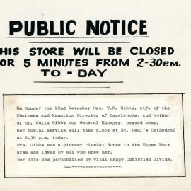 Hazelwoods closure notice, November 1965