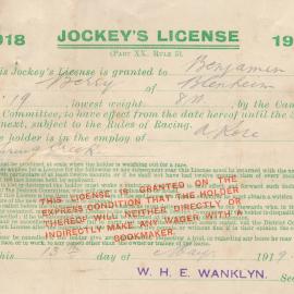 Wellington Racing Club; Jockey's Licence 