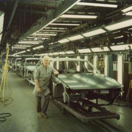 General Motors; Harry Ross on Assembly Line; ca. 1990