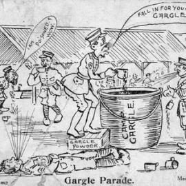 Army cartoon postcards, World War 1; ‘Gargle Parade'. 