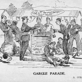 Army cartoon postcards, World War 1; ‘Gargle parade'.