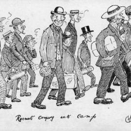 Army cartoon postcards, World War 1; 'Recruits coming into camp'.