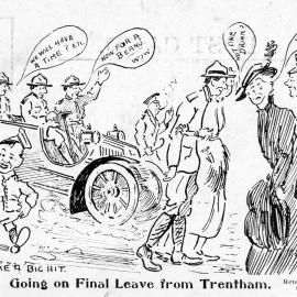 Army cartoon postcards, World War 1; ‘Going on final leave from Trentham'.