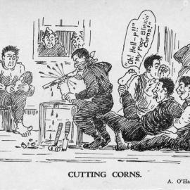 Army cartoon postcards, World War 1; ‘Cutting corns'.