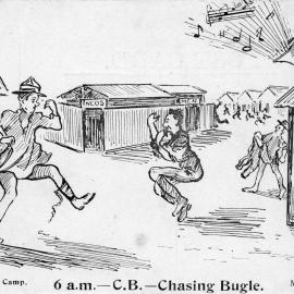 Army cartoon postcards, World War 1; ‘6 a.m. - C. B. - chasing bugle'.