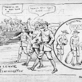 Army cartoon postcards, World War 1; ‘Going on leave from Featherston'.
