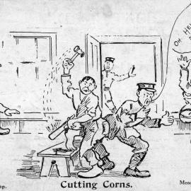 Army cartoon postcards, World War 1; 'Cutting corns'.