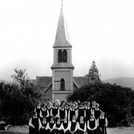 St Joseph's Catholic Church of 1864; class group 3B; primary age girls in uniform.