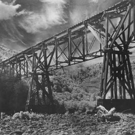 Bush tramway bridge, crossing Te Awa Kairangi / Hutt River at Te Marua; infra-red filter.