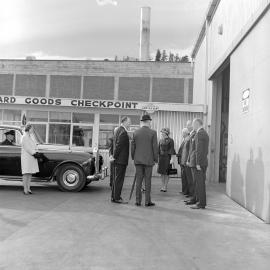Dunlop vice-regal visit; Governor General Sir Bernard Fergusson and party at inwards-goods store.