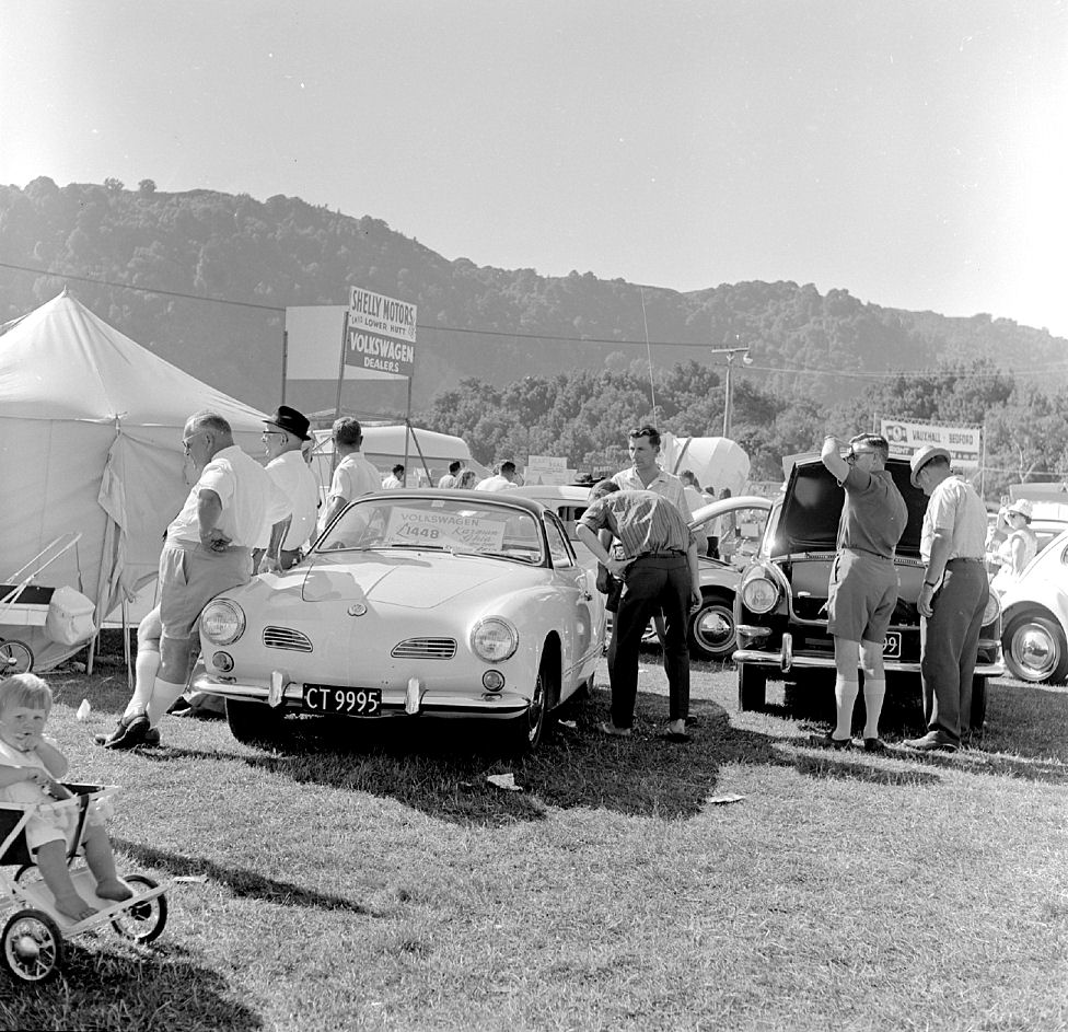 A & P show; cars; Shelly Motors' stand; Volkswagen Karmann Ghia coupe