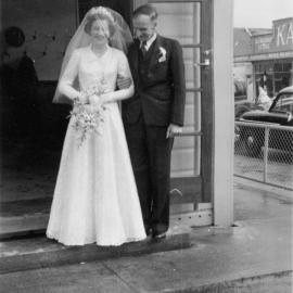 Wedding; Vin ('Snow') Benge, Kate Christina (Kit) Salisbury; bride and father.