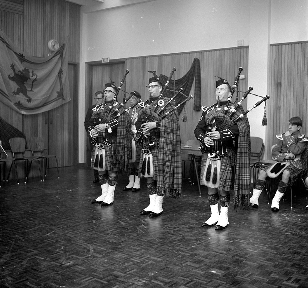 The Upper Hutt Pipe Band, probably at their 25th jubilee in 1969